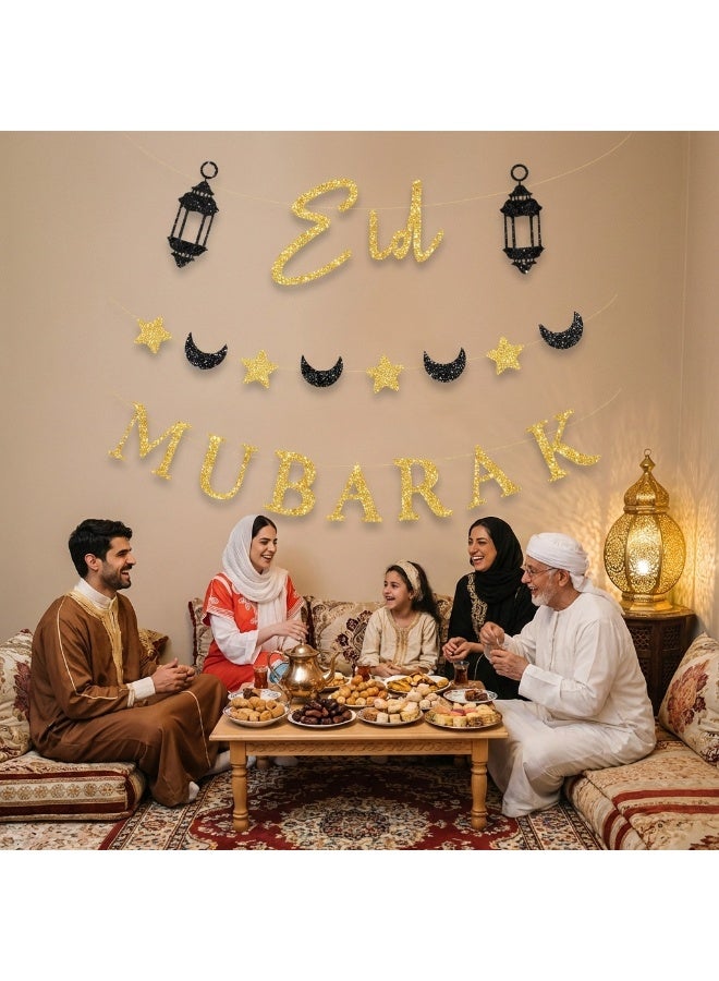 2 Sets 6 PCS Eid Mubarak Glitter Banner Decoration, Black & Gold Hanging Bunting Garland, Moon Star Lantern Background, Islamic Party Supplies for Home Wall Decor (2 Styles Mixed) - Image 5